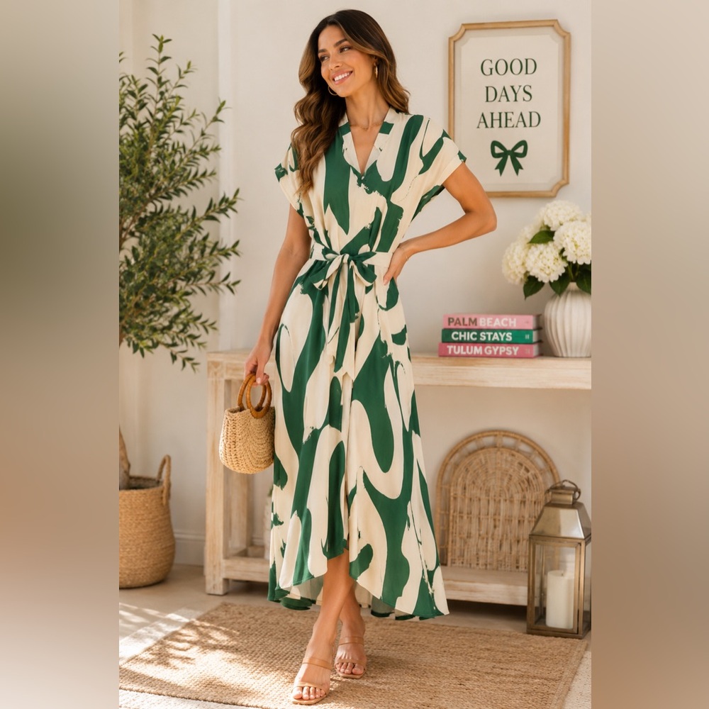 SHEIN Green & Cream Abstract Tie-Waist Maxi Dress